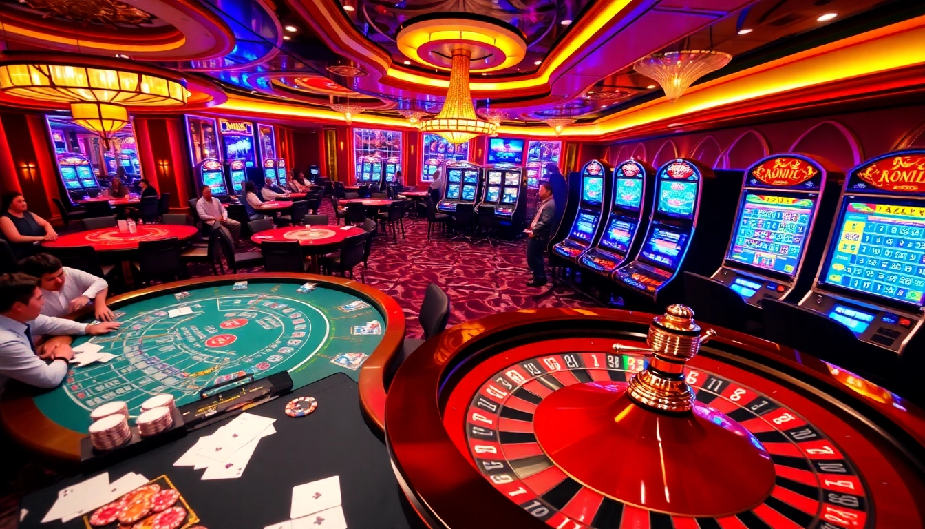 Players enjoying an exciting card game at MM88 online casino, surrounded by vibrant gaming elements.