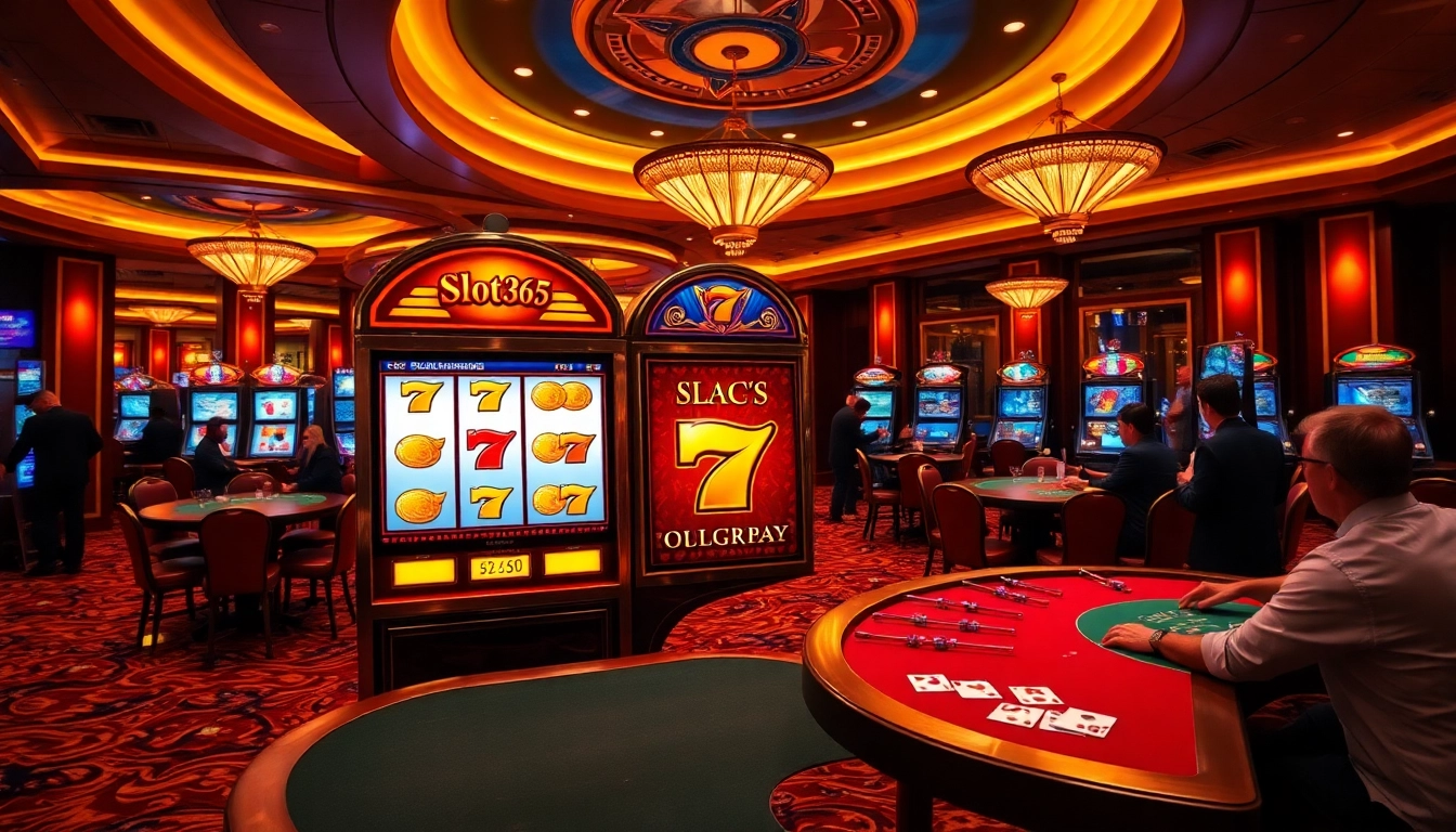 A lively slot machine experience at slot 365 with colorful reels and excited players enjoying the casino atmosphere.