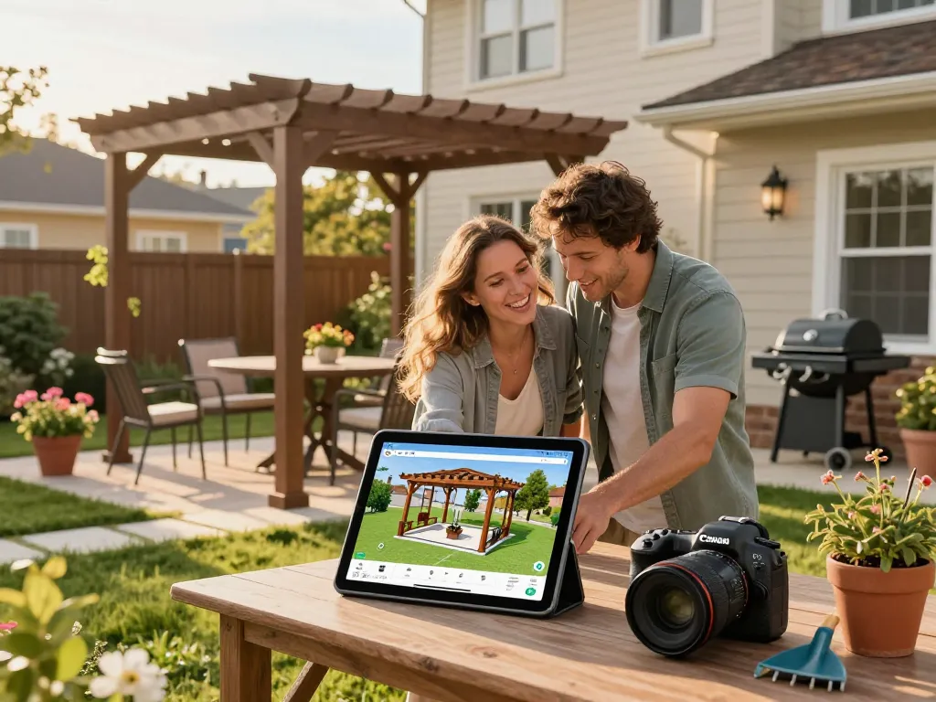 Couple using a 3D Pergola Configurator to design a pergola in their backyard garden.