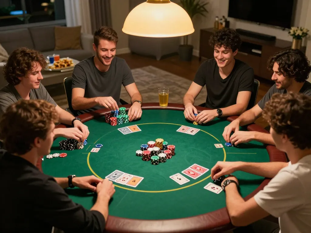 Players focusing on their hands in an exciting poker game at home, showcasing bet88 themed atmosphere.