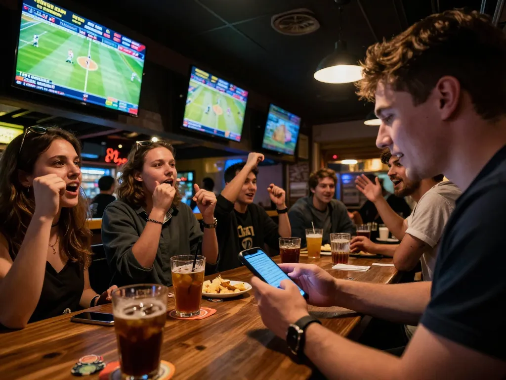 Engaging moment of sports betting with 3BET mobile app in action at a lively bar.