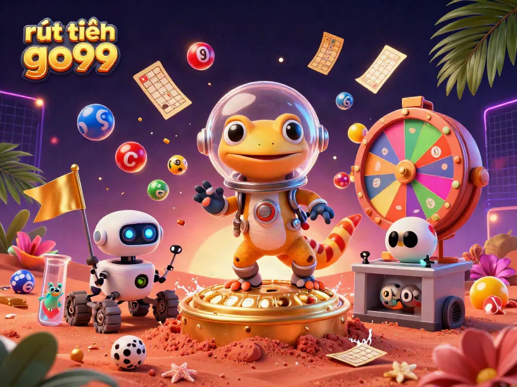 Experience rút tiền go99 with a Martian gecko discovering a golden casino surrounded by vibrant gambling elements.
