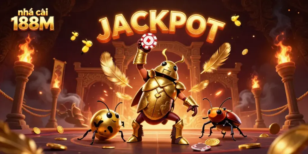 Experience excitement at nhà cái 188M with 3D golden beetles celebrating a poker victory.