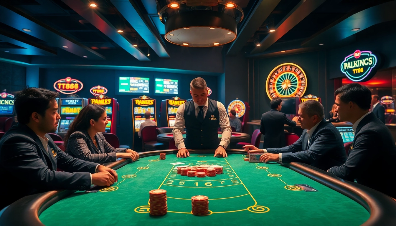 Engage in high-stakes poker gameplay at TT88's luxurious casino table with vibrant surroundings.