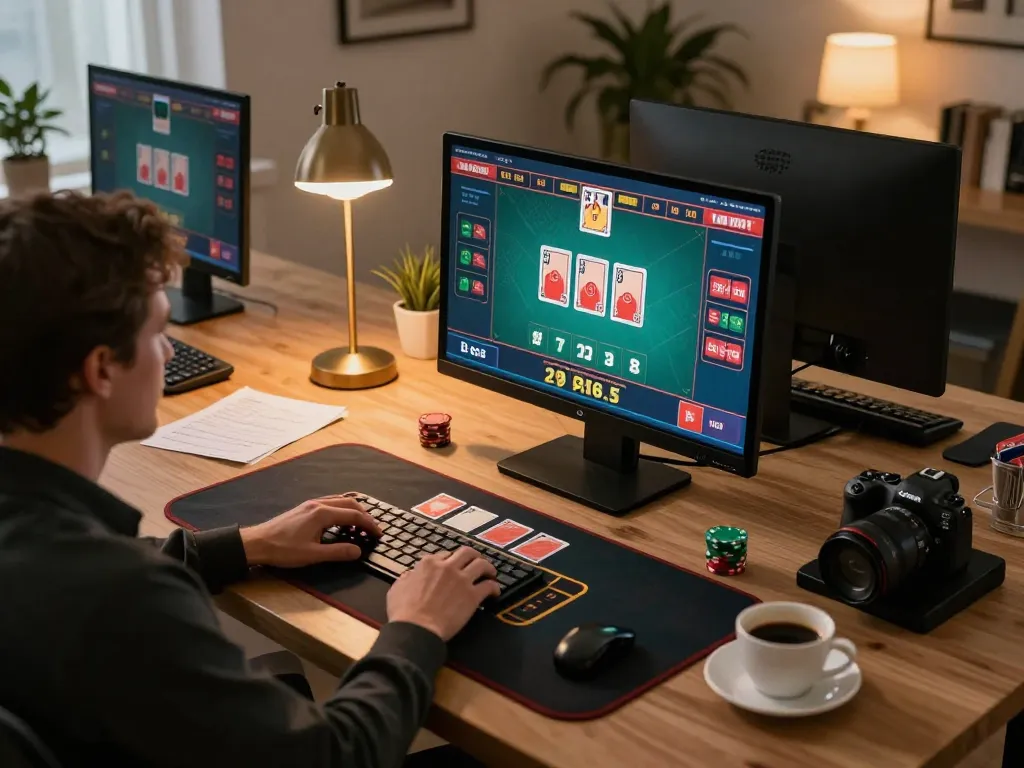 Engaging in live dealer blackjack using 9BET platform on a modern home office setup