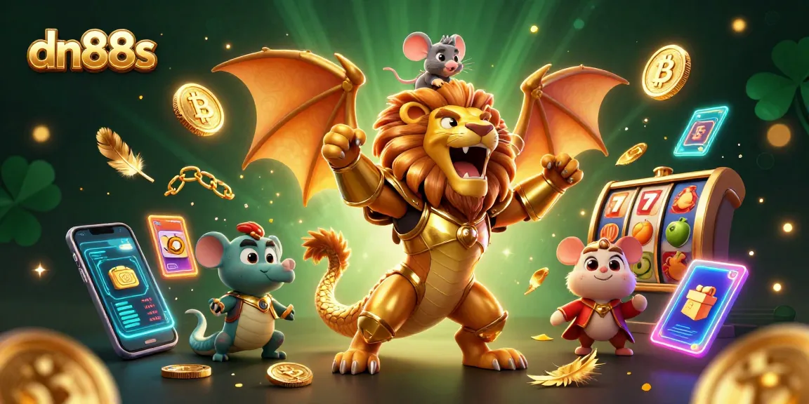 Experience thrilling gameplay with dn88s as a chimera creature triumphantly roars amidst glowing crypto coins and slot symbols.