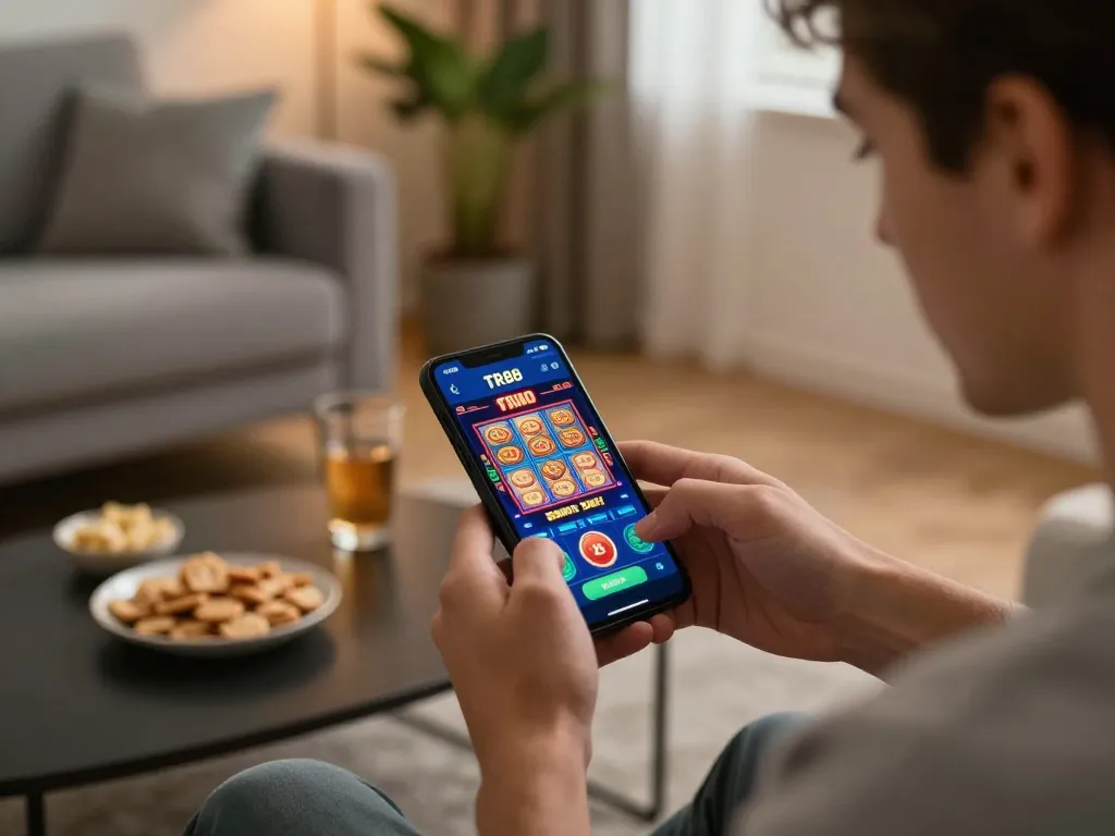 Player exploring TR88 app for online gambling with vibrant slot game on smartphone amidst cozy home setting.