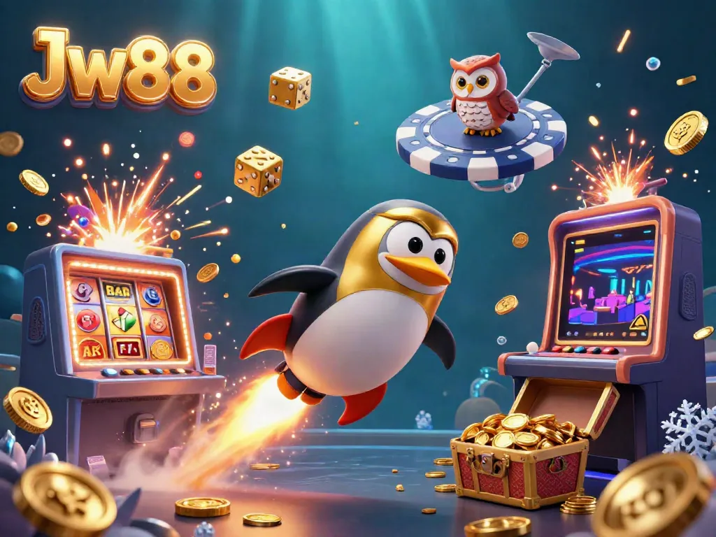 Experience the excitement of Jw88 with a vibrant 3D illustration showcasing casino elements and golden penguins.