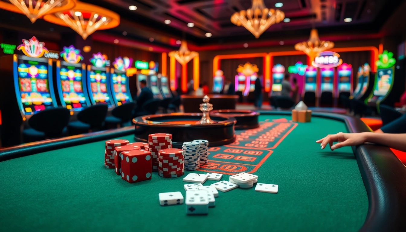 Experience thrilling action at MM88 with vibrant gambling tables, chips, and high-stakes games.