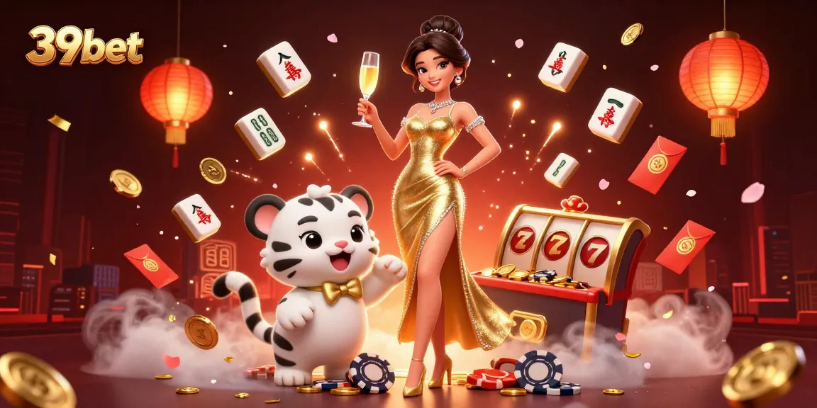 Win big at 39bet with a glamorous casino scene featuring an elegant woman and a lucky white tiger.