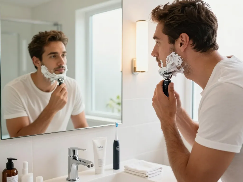 Man using Laifen shaver in a modern bathroom, showcasing grooming accessories and bright atmosphere.