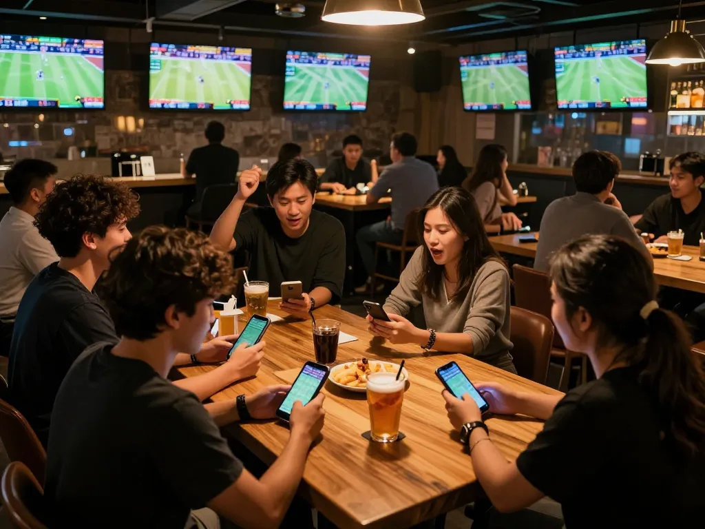 Team members celebrating their wins while betting on sports using TIP88 at a lively bar.