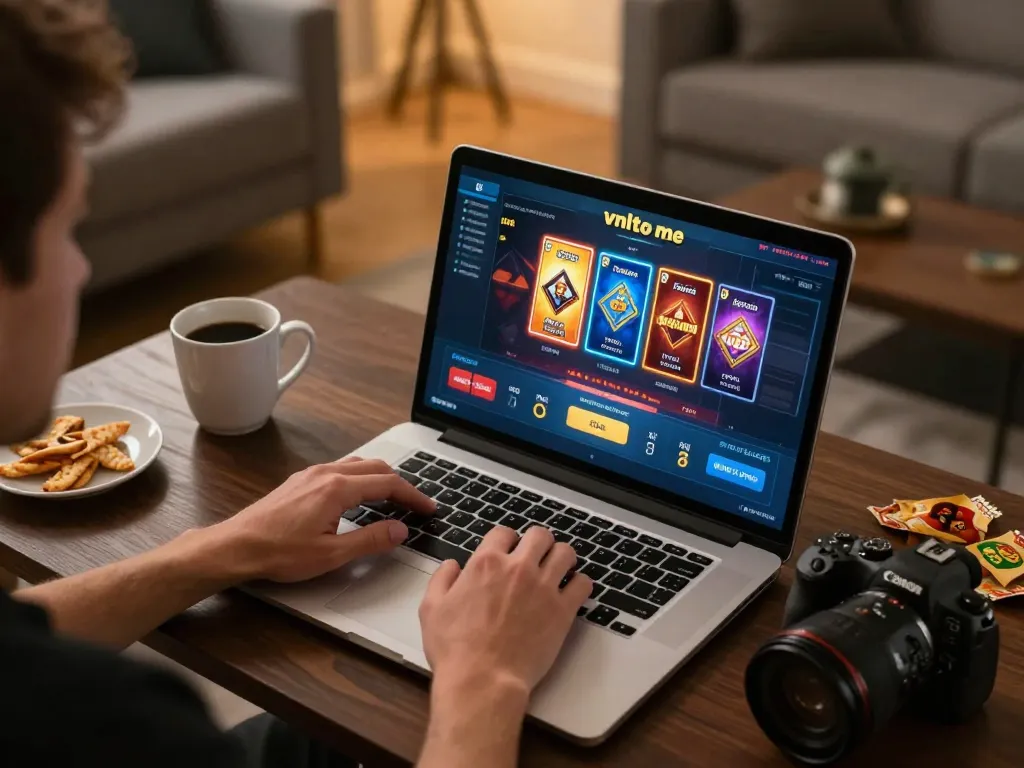 Engaged player strategizing on vnloto me during an online gaming session in a cozy living room