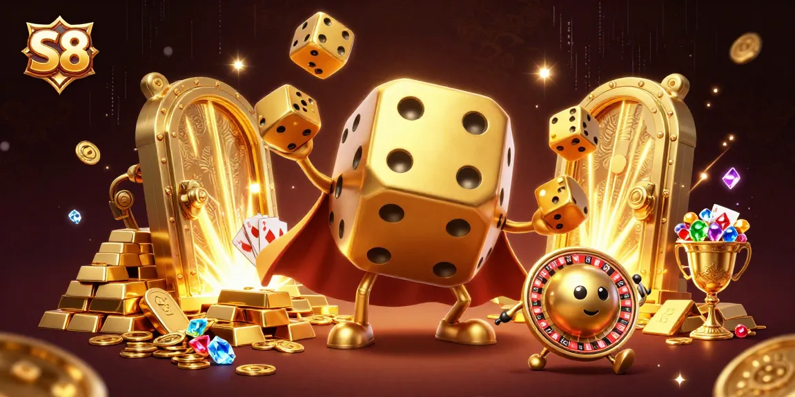 S8 players enjoy thrilling victories in a dazzling casino scene illuminated by golden treasures.