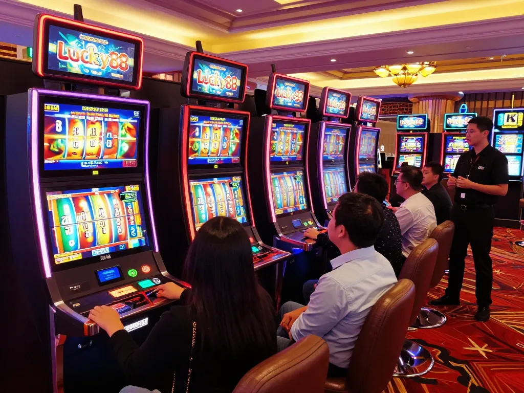 Players enjoying the Lucky88 slot machine in a vibrant casino environment, maximizing their thrill and excitement.