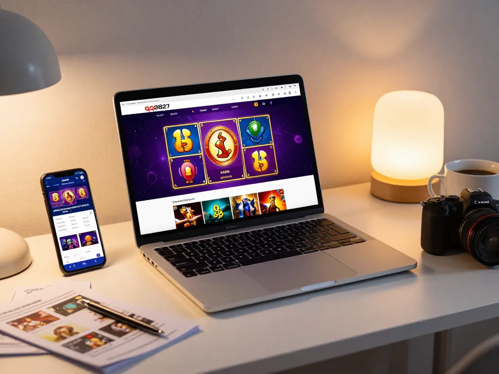 Engaging online gaming experience at qq8827 with a laptop displaying vibrant slot games