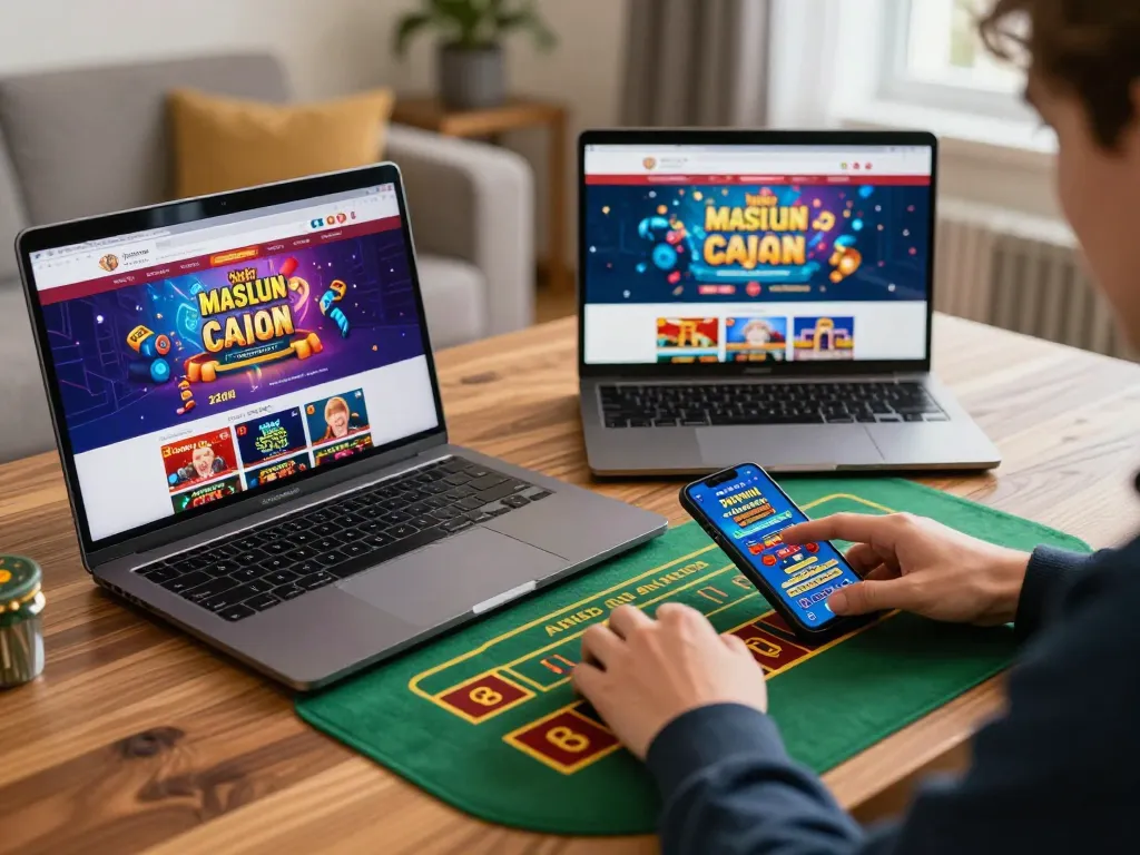 Engaging moment at 78win online casino, player strategizing bets on laptop and smartphone in cozy home