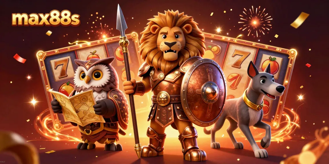 Experience thrilling gameplay at max88s with vibrant slots, a heroic lion, and festive elements.