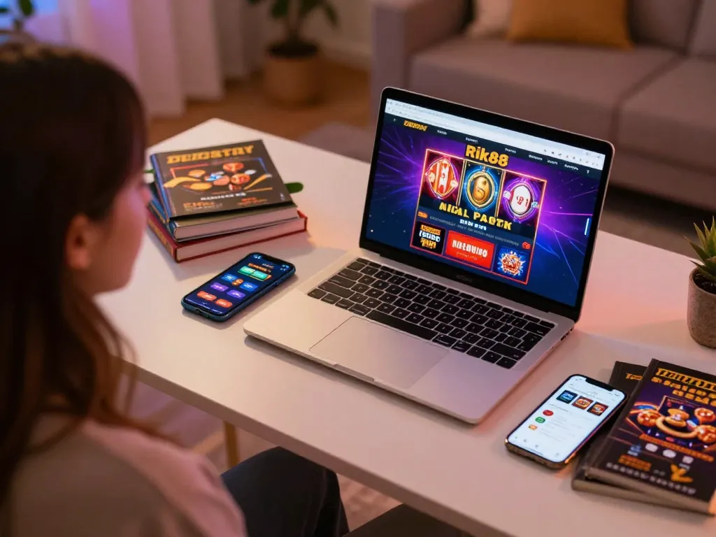 Engage in immersive online gambling with Rik88, displaying vibrant casino options on a laptop