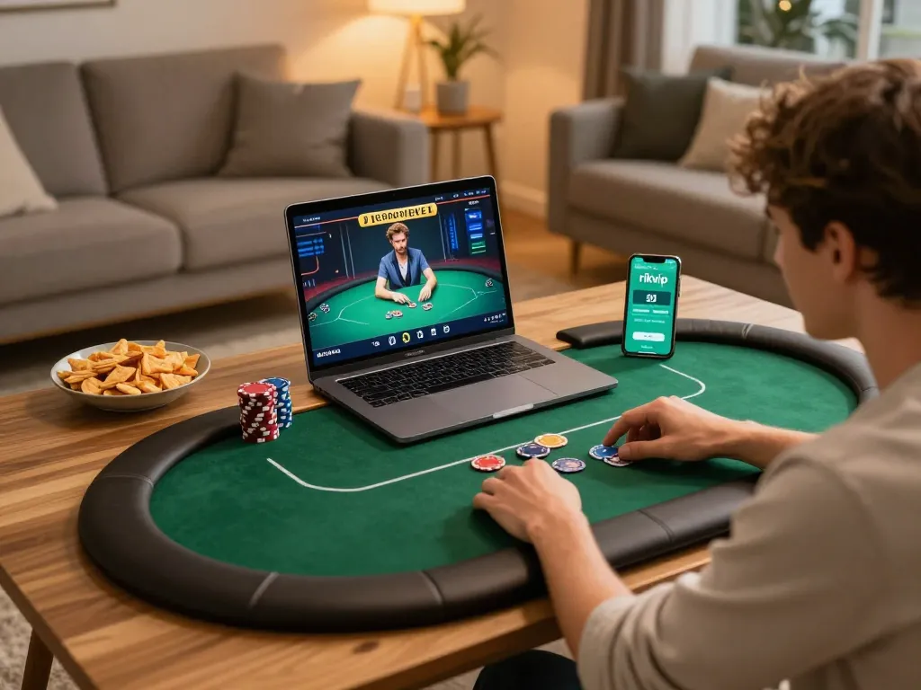 Person playing poker online using the rikvip app in a cozy home setting.