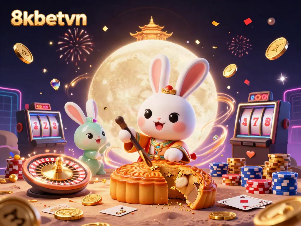 Experience the magic of 8xbetvn with cartoon rabbits revealing poker chips in a casino celebration scene.