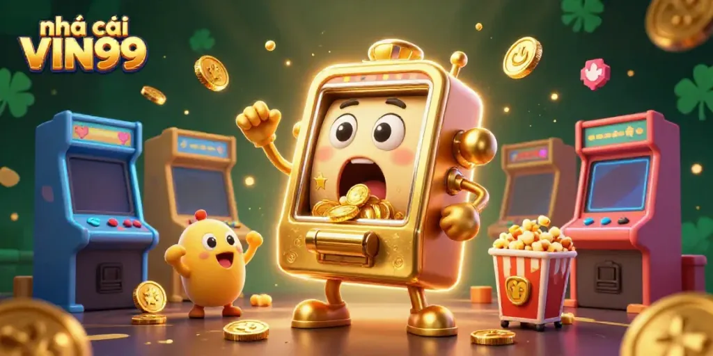 Experience the thrilling jackpot at nhà cái VIN99 with lively slot machines and golden coins raining down.