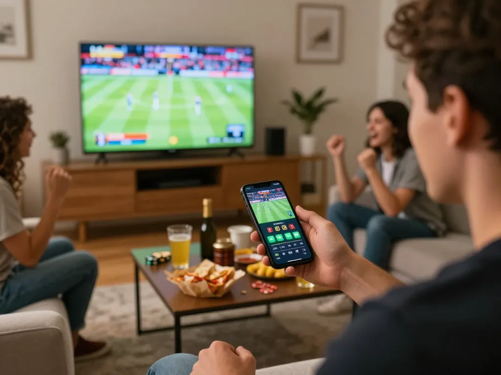 79king player engaging with a mobile betting app during an intense sports game.