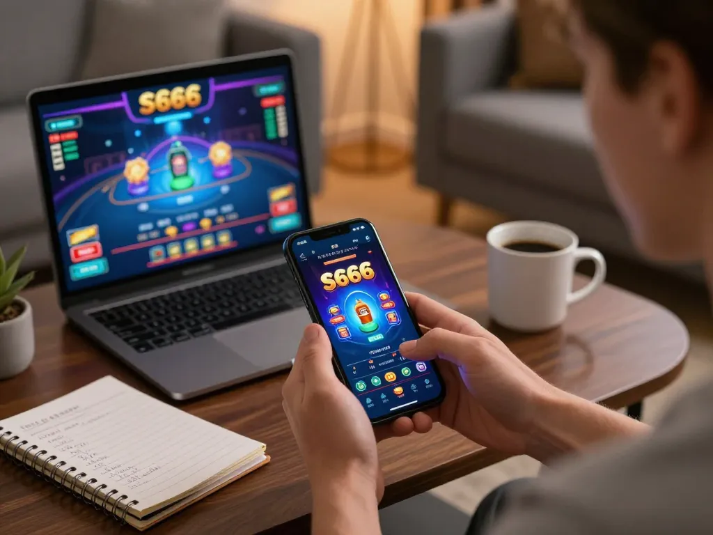 Person gaming on the S666 app, showcasing mobile gambling strategy in a cozy setting.