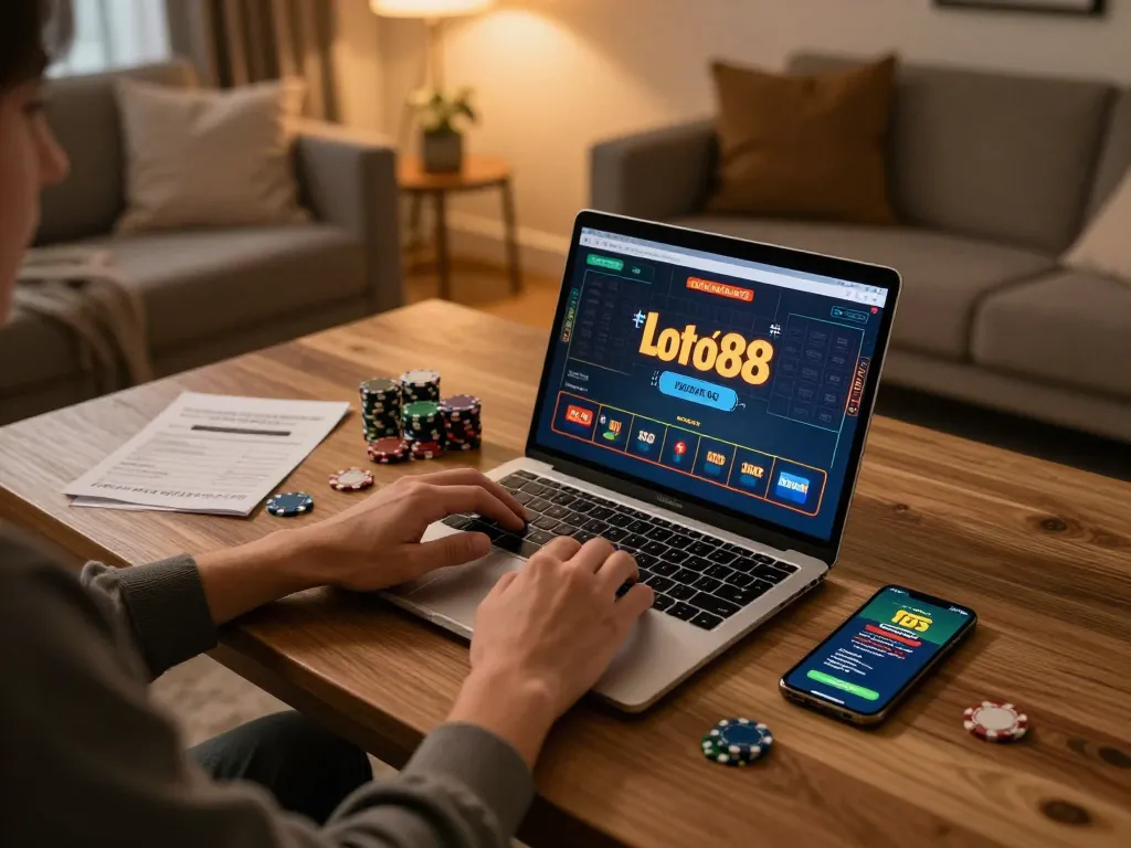 #loto188 player using laptop for online casino betting in a cozy home setting.