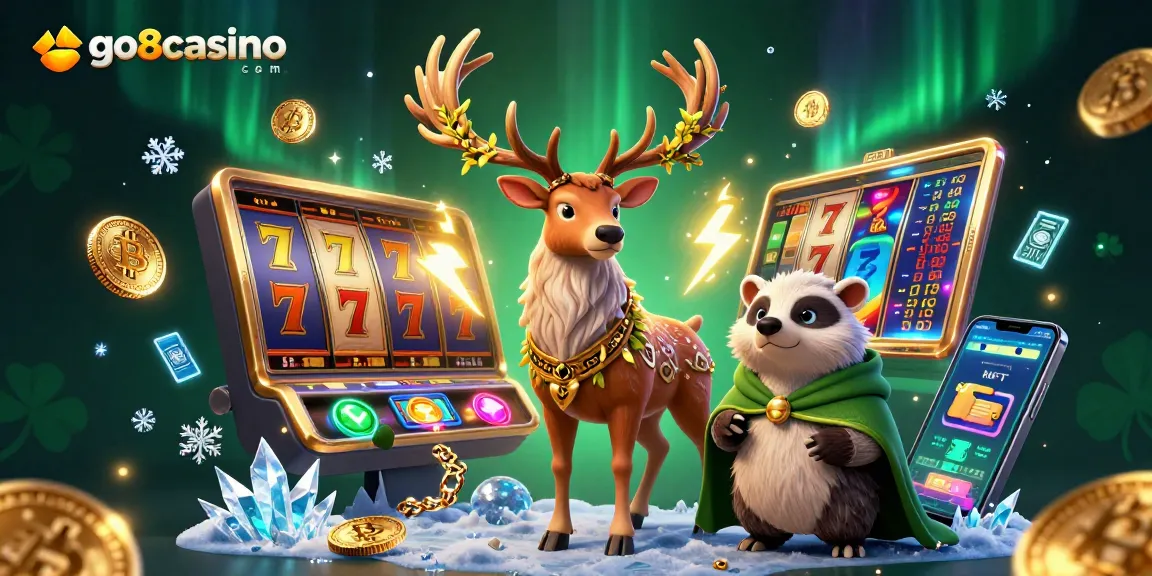 Win big at go8casino com with this vibrant 3D illustration showcasing exciting slot games and crypto-themed elements.