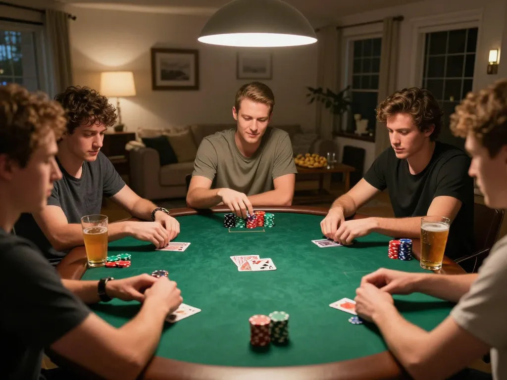Exciting home poker night featuring friends enjoying a Texas Hold'em game with 789bet.