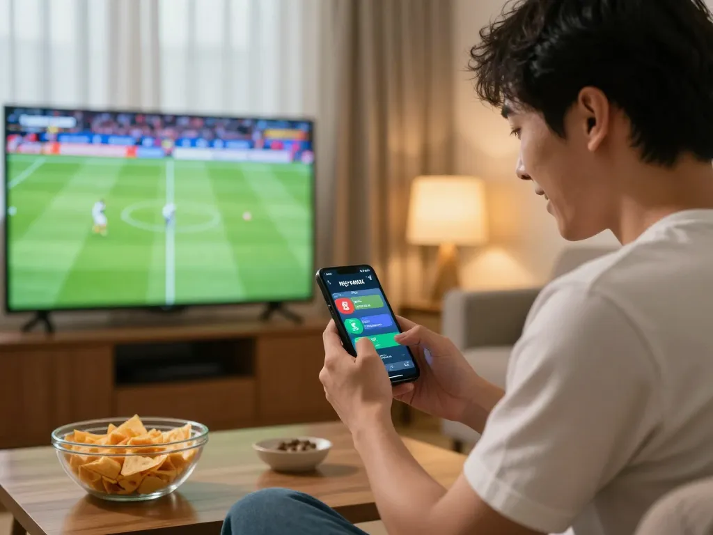 Engaging with kèo nhà cái trực tiếp while watching a live football match at home.