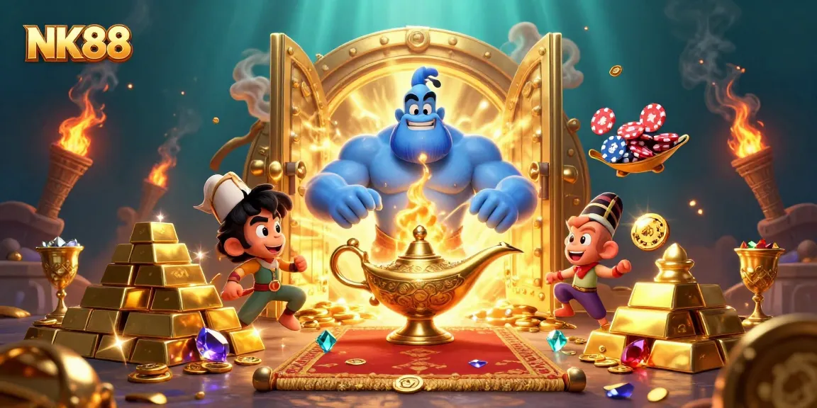 Engage in thrilling casino gaming adventures with NK88's vibrant 3D scene featuring dynamic characters and treasures.