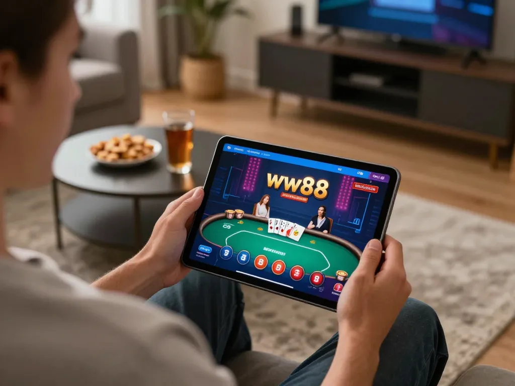 Engaging in online poker with the ww88 platform in a cozy home setting, enjoying responsible gaming.