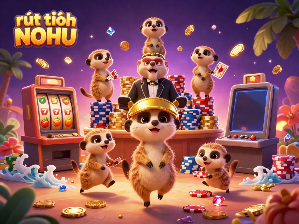 Experience rút tiền NOHU with meerkats in a vibrant casino, showcasing dynamic slot games and winning moments.