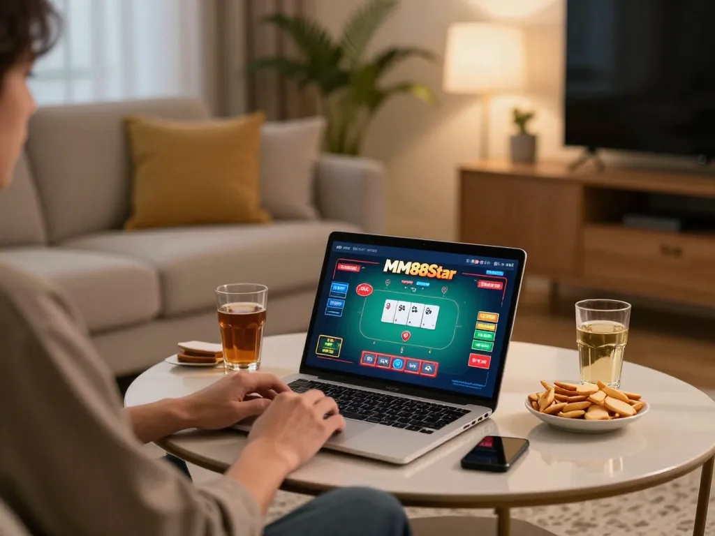 Experience online gambling on mm88star with a cozy home gaming setup and engaging poker interface