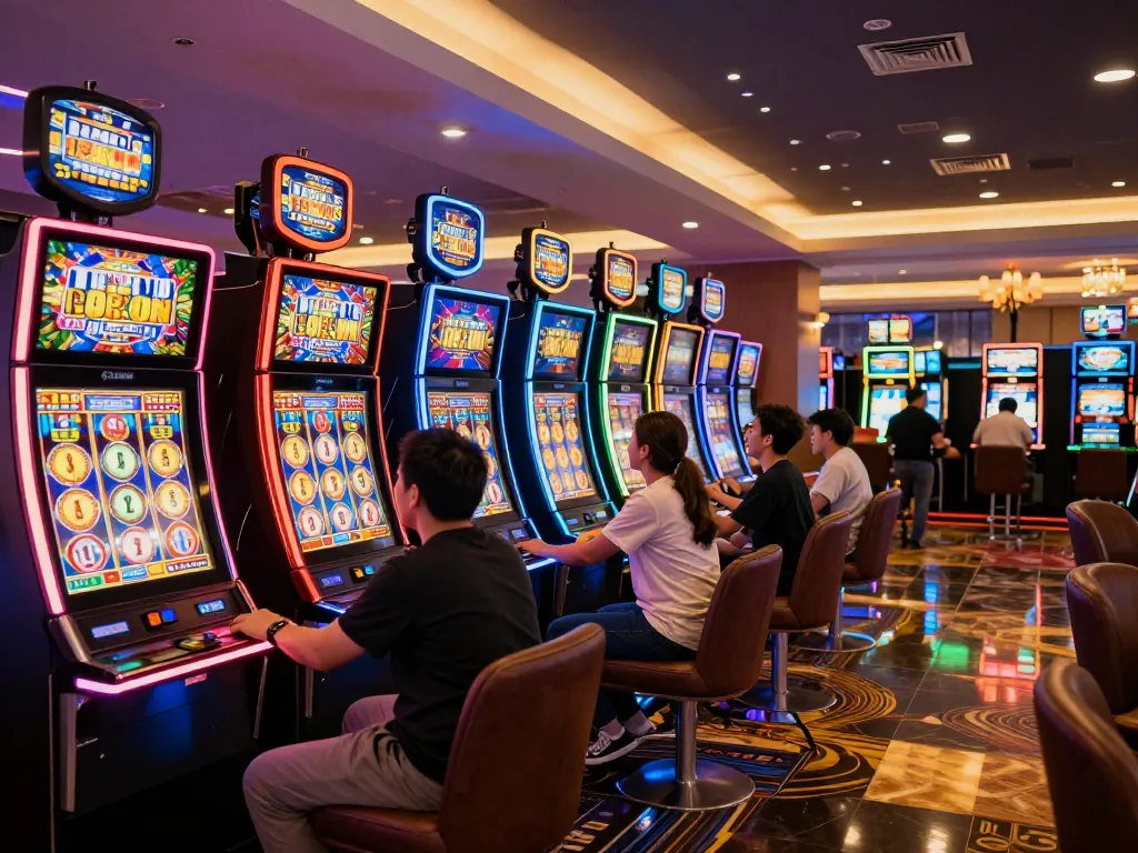Players enjoying VK88-themed slot machines, winning excitement under bright casino lights.