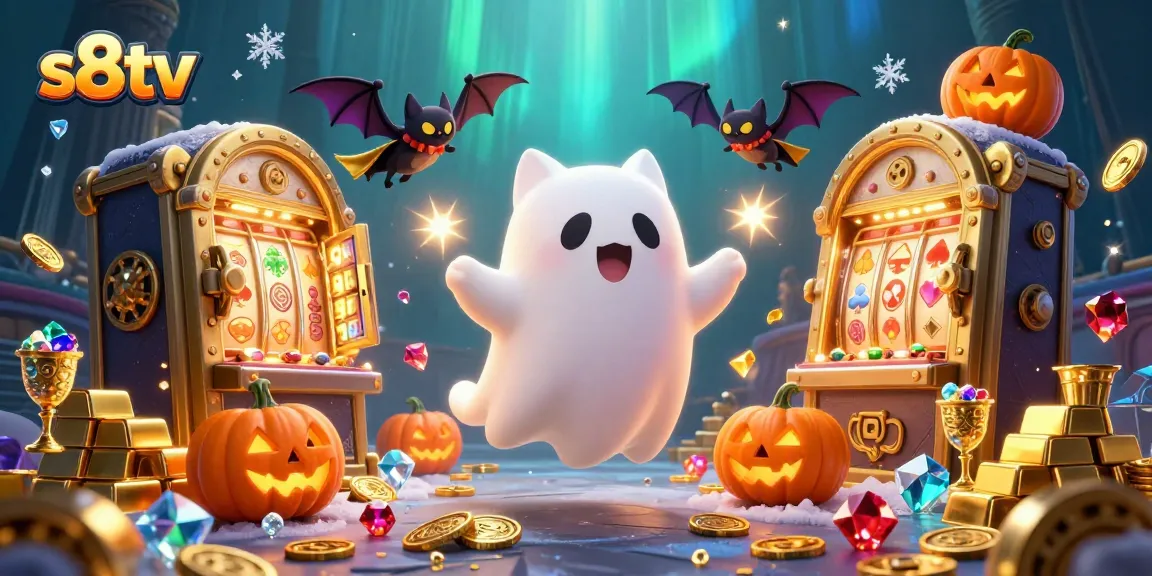 Experience the excitement of s8tv with a friendly ghost cat in a haunted casino, surrounded by treasures and ghostly fun.