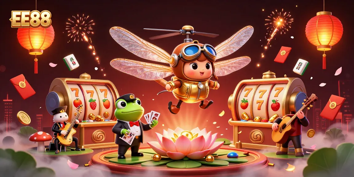 Play exciting casino games at EE88 with vibrant characters, slots, and jackpot symbols.