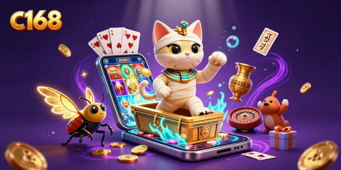 Spin to win at c168 as an Egyptian mummy cat dazzles from a golden casino sarcophagus.