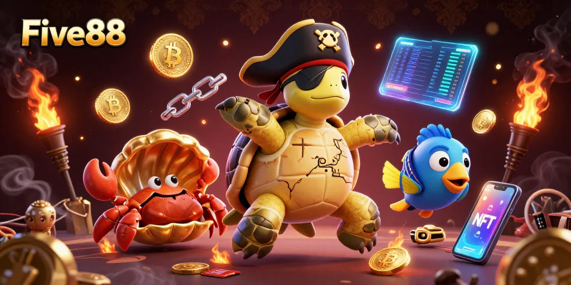 Engage with thrilling Five88 online gaming, showcasing a pirate turtle and golden treasures.