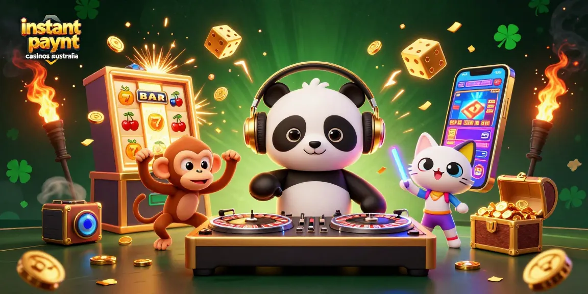 Spin to win at instant payout casinos Australia with DJ panda and vibrant characters in a lively casino scene.