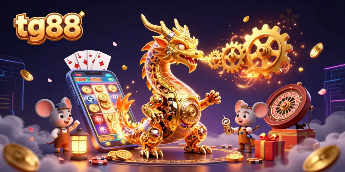 Engage with thrill at tg88 casino featuring vibrant game elements surrounding a golden dragon.